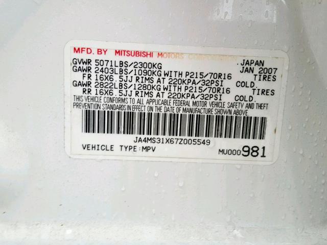 JA4MS31X67Z005549 - 2007 MITSUBISHI OUTLANDER WHITE photo 10