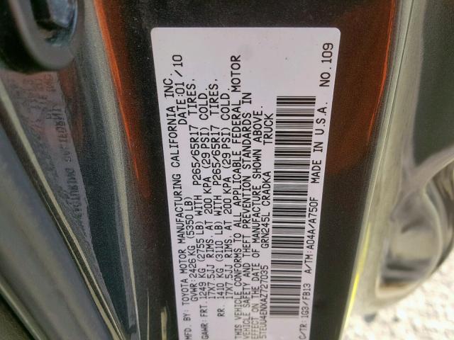 5TEUU4ENXAZ727035 - 2010 TOYOTA TACOMA ACC ნაცრისფერი ფოტო 10