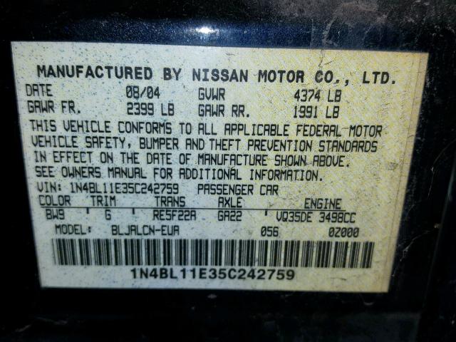 1N4BL11E35C242759 - 2005 NISSAN ALTIMA SE BLUE photo 10