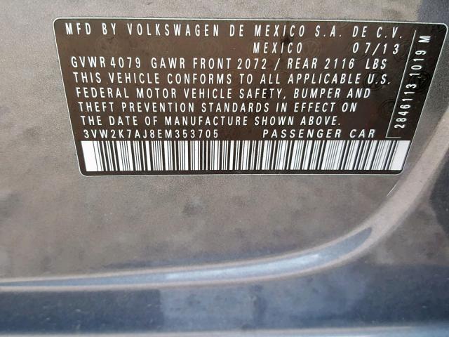 3VW2K7AJ8EM353705 - 2014 VOLKSWAGEN JETTA BASE GRAY photo 10