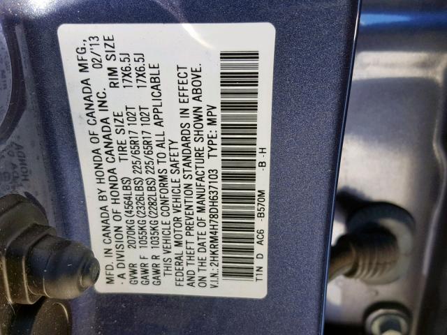 2HKRM4H78DH637103 - 2013 HONDA CR-V EXL BLUE photo 10