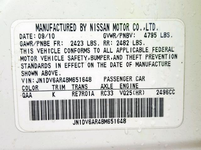 JN1DV6AR4BM651648 - 2011 INFINITI G25 WHITE photo 10