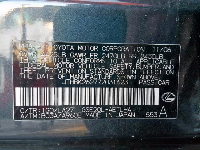 JTHBK262772031623 - 2007 LEXUS IS 250 BLACK photo 10