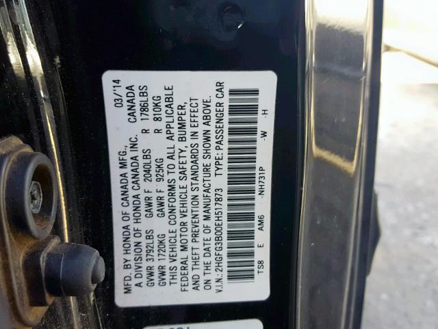 2HGFG3B00EH517873 - 2014 HONDA CIVIC EXL BLACK photo 10