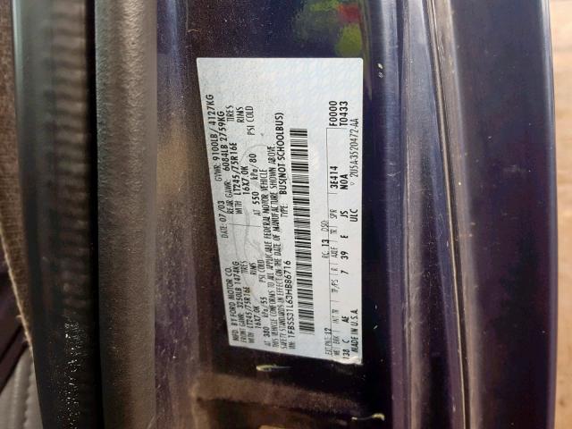 1FBSS31L63HB86716 - 2003 FORD ECONOLINE BLUE photo 10