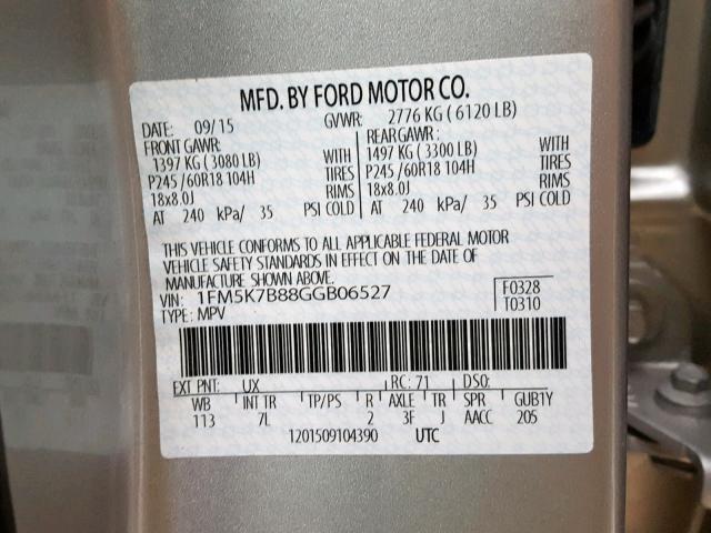 1FM5K7B88GGB06527 - 2016 FORD EXPLORER SILVER photo 10