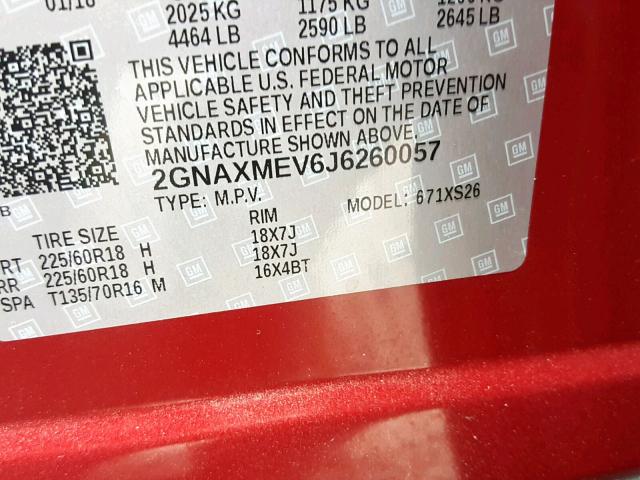 2GNAXMEV6J6260057 - 2018 CHEVROLET EQUINOX PR RED photo 10