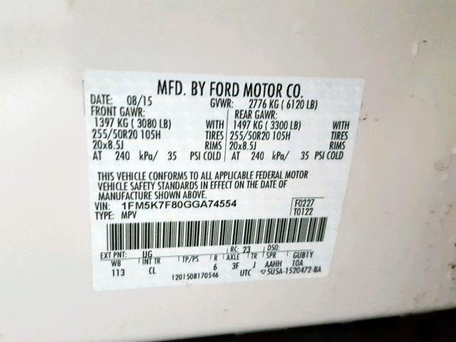 1FM5K7F80GGA74554 - 2016 FORD EXPLORER L WHITE photo 10