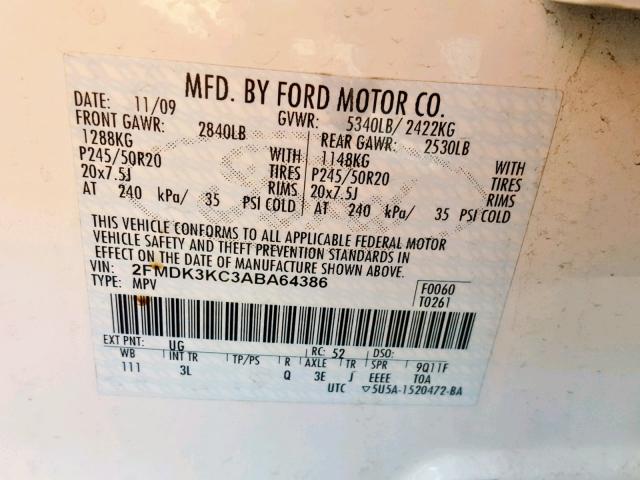 2FMDK3KC3ABA64386 - 2010 FORD EDGE LIMIT WHITE photo 10