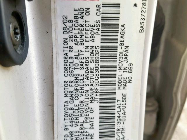 JTHBF30G830089325 - 2003 LEXUS ES 300 SILVER photo 10