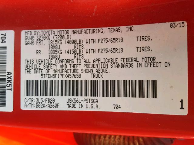 5TFDW5F17FX457658 - 2015 TOYOTA TUNDRA CRE RED photo 10