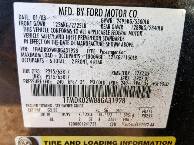 1FMDK02W88GA31928 - 2008 FORD TAURUS X S GRAY photo 10