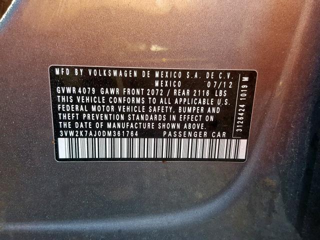 3VW2K7AJ0DM361764 - 2013 VOLKSWAGEN JETTA BASE Մոխրագույն լուսանկար 10