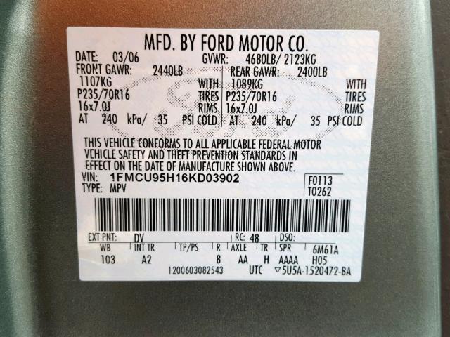 1FMCU95H16KD03902 - 2006 FORD ESCAPE HEV SILVER photo 10