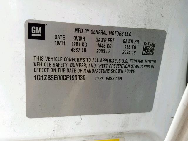 1G1ZB5E00CF190030 - 2012 CHEVROLET MALIBU LS WHITE photo 10