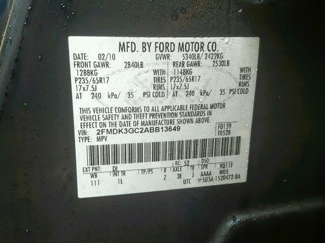 2FMDK3GC2ABB13649 - 2010 FORD EDGE SE BLUE photo 10