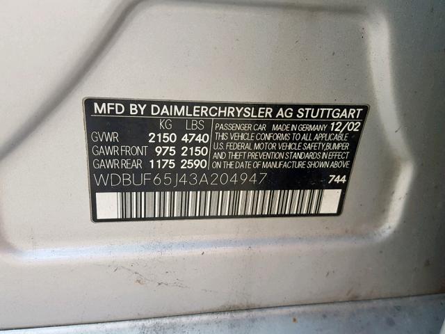 WDBUF65J43A204947 - 2003 MERCEDES-BENZ E 320 SILVER photo 10