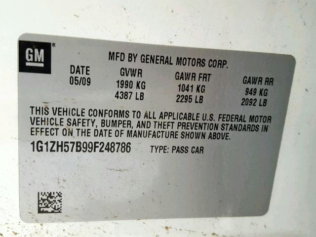 1G1ZH57B99F248786 - 2009 CHEVROLET MALIBU 1LT თეთრი ფოტო 10