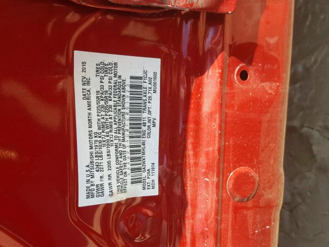 4A4AP3AU0FE061923 - 2015 MITSUBISHI OUTLANDER RED photo 10