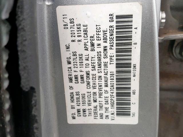 1HGCP2F47CA018381 - 2012 HONDA ACCORD LXP SILVER photo 10