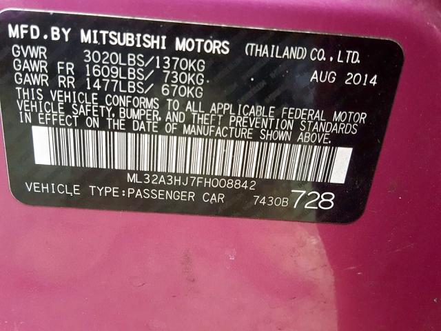 ML32A3HJ7FH008842 - 2015 MITSUBISHI MIRAGE DE PURPLE photo 10