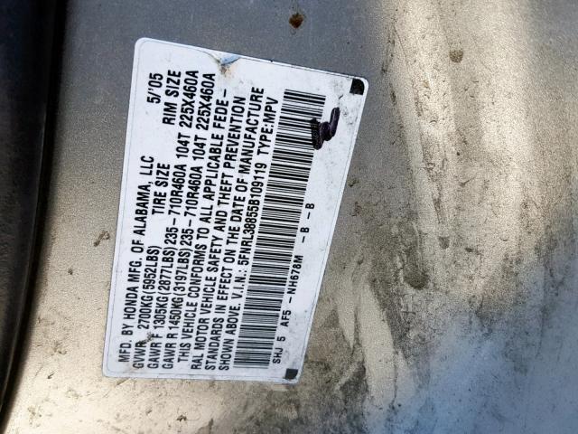 5FNRL38855B109119 - 2005 HONDA ODYSSEY TO SILVER photo 10