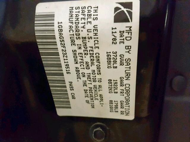 1G8AG52F23Z119516 - 2003 SATURN ION LEVEL BLACK photo 10