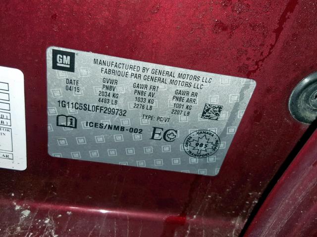 1G11C5SL0FF299732 - 2015 CHEVROLET MALIBU 1LT მუქწითელი ფოტო 10