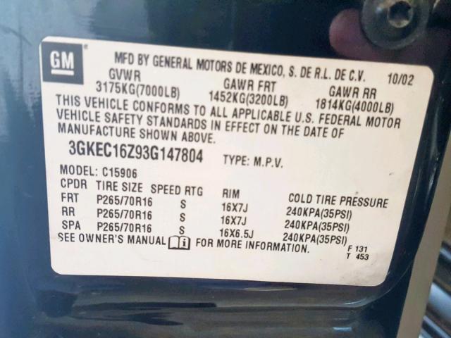 3GKEC16Z93G147804 - 2003 GMC YUKON XL C BLACK photo 10