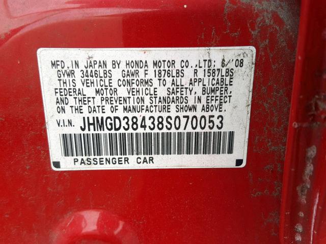 JHMGD38438S070053 - 2008 HONDA FIT RED photo 10