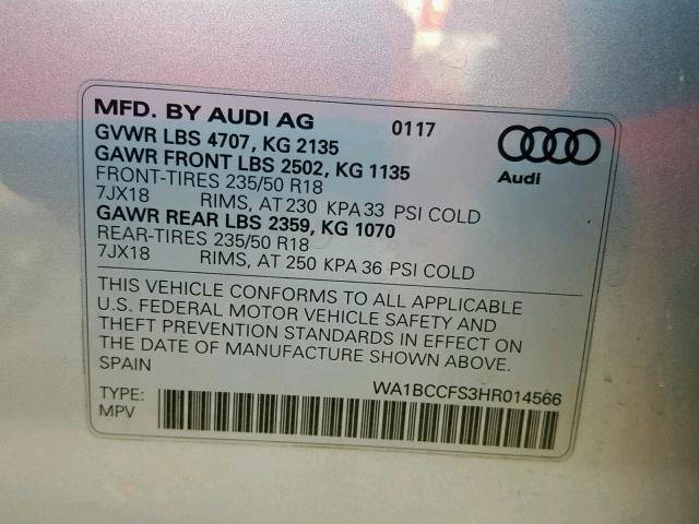 WA1BCCFS3HR014566 - 2017 AUDI Q3 PREMIUM SILVER photo 10