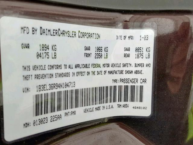 1B3EL36R94N104713 - 2004 DODGE STRATUS SE PURPLE photo 10