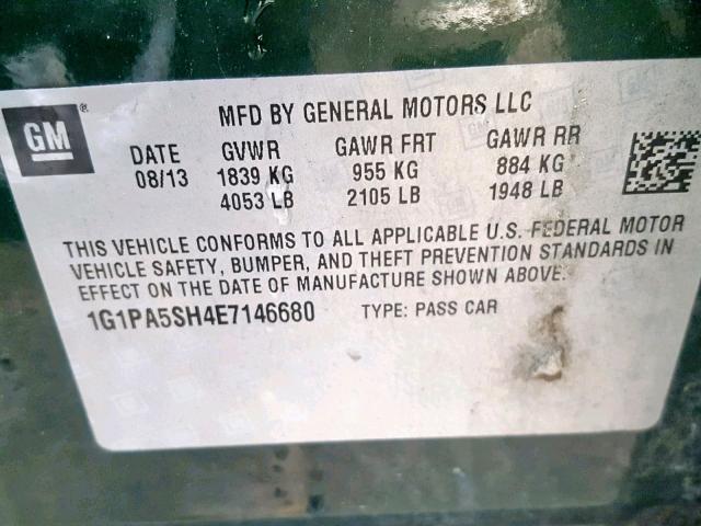 1G1PA5SH4E7146680 - 2014 CHEVROLET CRUZE LS GREEN photo 10