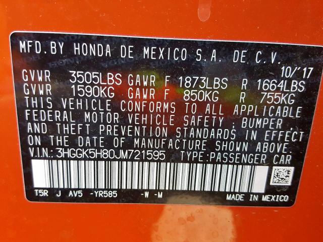 3HGGK5H80JM721595 - 2018 HONDA FIT EX ORANGE photo 10