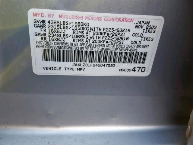 JA4LZ31F04U047092 - 2004 MITSUBISHI OUTLANDER SILVER photo 10