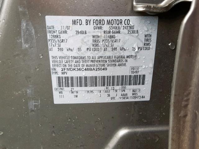 2FMDK36C48BA25049 - 2008 FORD EDGE SE GRAY photo 10