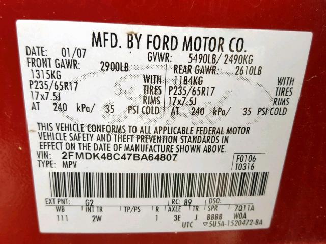 2FMDK48C47BA64807 - 2007 FORD EDGE SEL RED photo 10