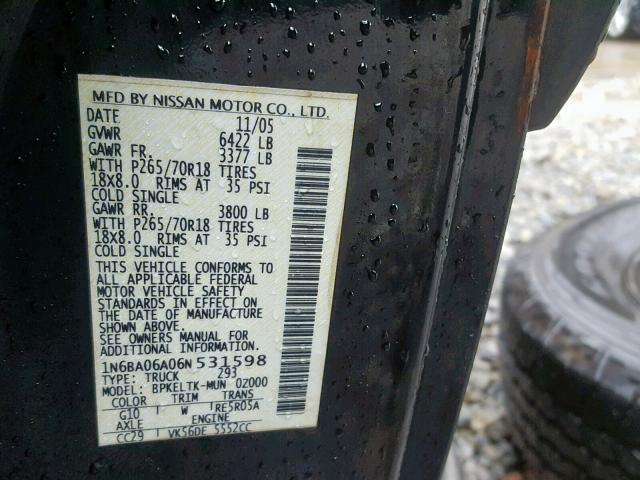 1N6BA06A06N531598 - 2006 NISSAN TITAN XE BLACK photo 10