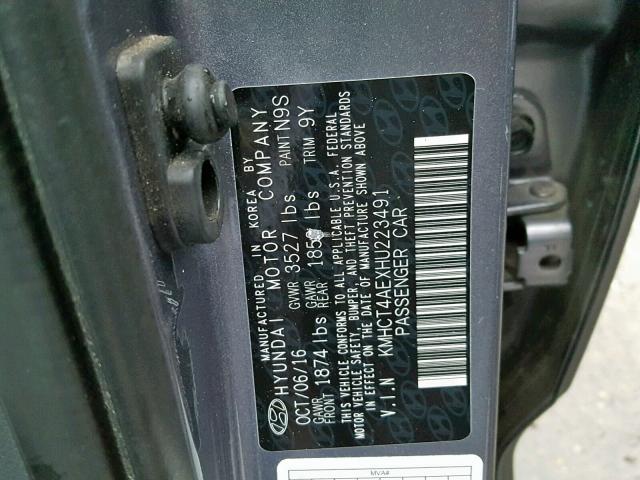 KMHCT4AEXHU223491 - 2017 HYUNDAI ACCENT SE GRAY photo 10