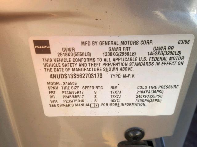 4NUDS13S562703173 - 2006 ISUZU ASCENDER S 银色 照片 10
