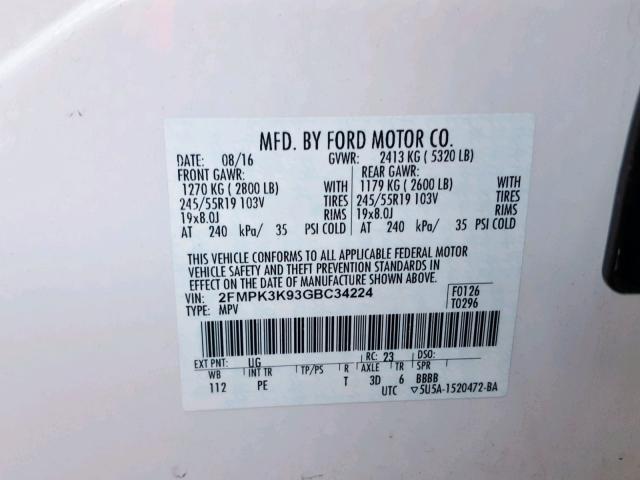 2FMPK3K93GBC34224 - 2016 FORD EDGE TITAN WHITE photo 10