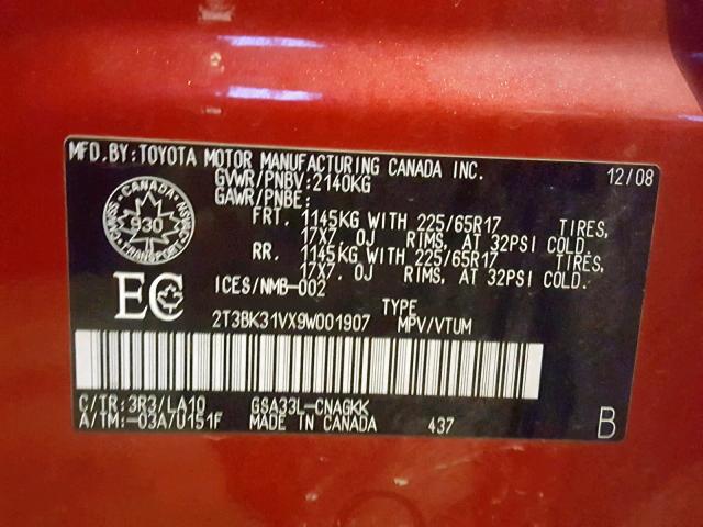 2T3BK31VX9W001907 - 2009 TOYOTA RAV4 LIMIT RED photo 10