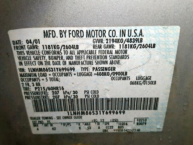 1LNHM86S31Y699699 - 2001 LINCOLN LS SILVER photo 10