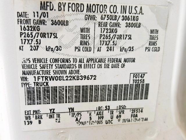 1FTRW08L22KB39672 - 2002 FORD F150 SUPER WHITE photo 10