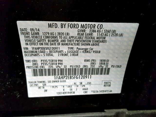 1FAHP2E85FG120911 - 2015 FORD TAURUS SEL BLACK photo 10