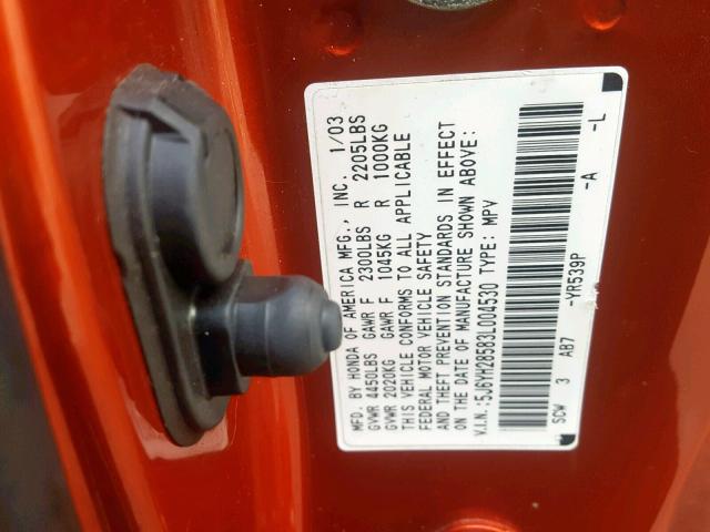 5J6YH28583L004530 - 2003 HONDA ELEMENT EX ORANGE photo 10