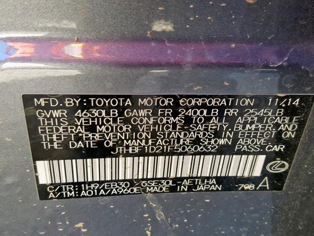 JTHBF1D21F5060632 - 2015 LEXUS IS 250 GRAY photo 10