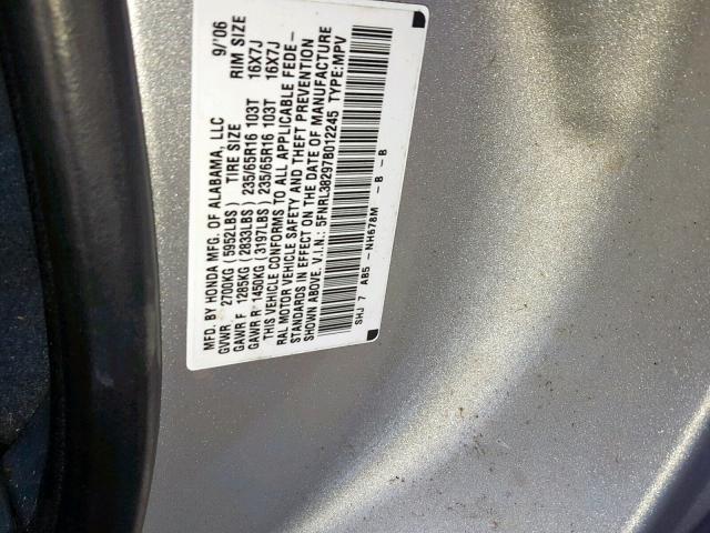 5FNRL38297B012245 - 2007 HONDA ODYSSEY LX SILVER photo 10