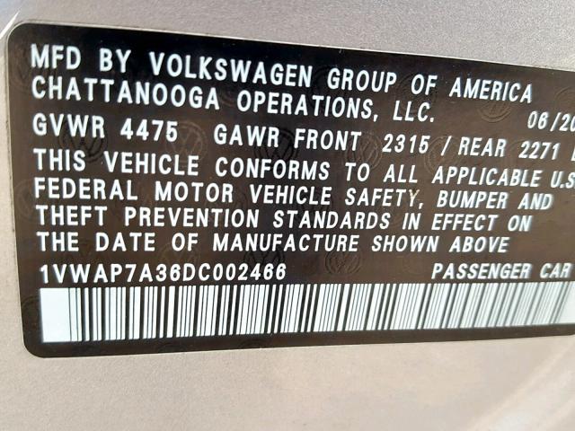 1VWAP7A36DC002466 - 2013 VOLKSWAGEN PASSAT S SILVER photo 10