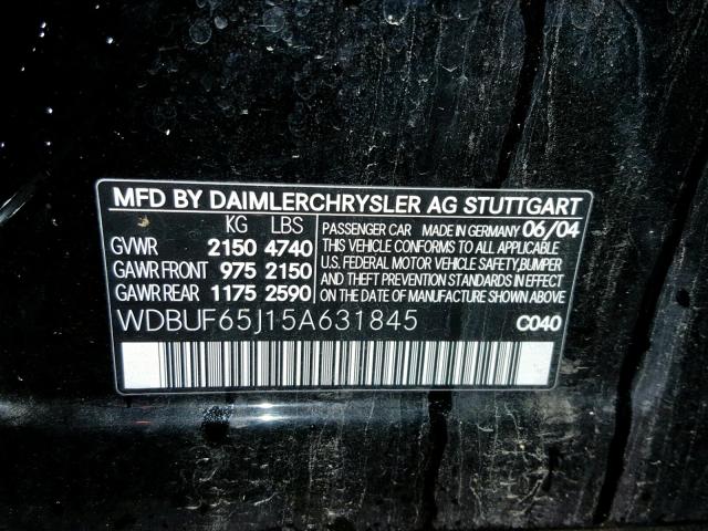 WDBUF65J15A631845 - 2005 MERCEDES-BENZ E 320 BLACK photo 10